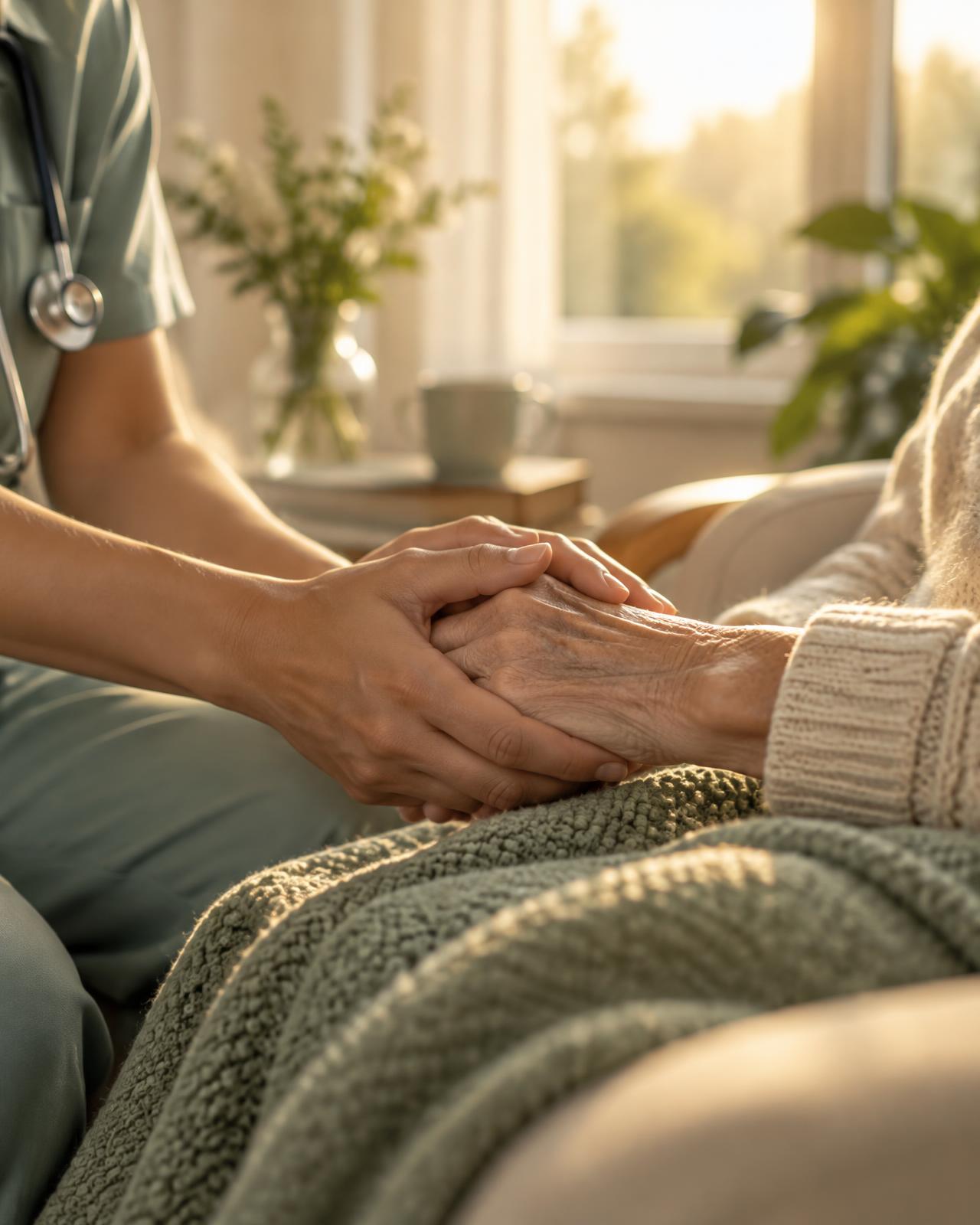 Pflegekraft hält die Hand einer älteren Patientin